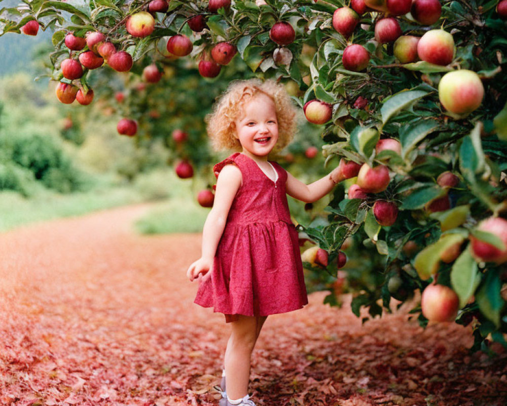 Curly-Haired Toddler Reaching for Apples in Red Dress