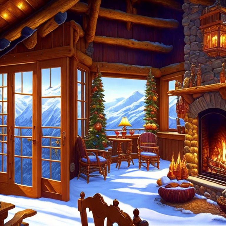 Mountain cabin interior with fireplace, Christmas trees, and snowy scenery