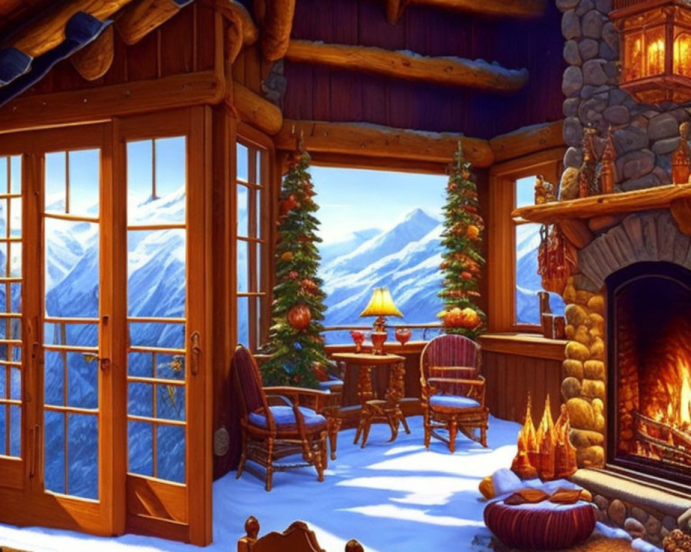 Mountain cabin interior with fireplace, Christmas trees, and snowy scenery