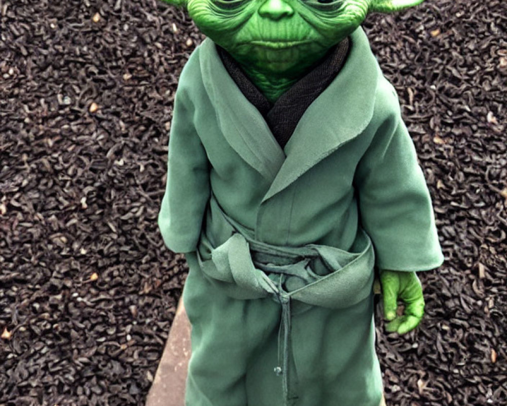 Life-Size Yoda Replica on Wooden Platform, Green Robe, Thoughtful Expression