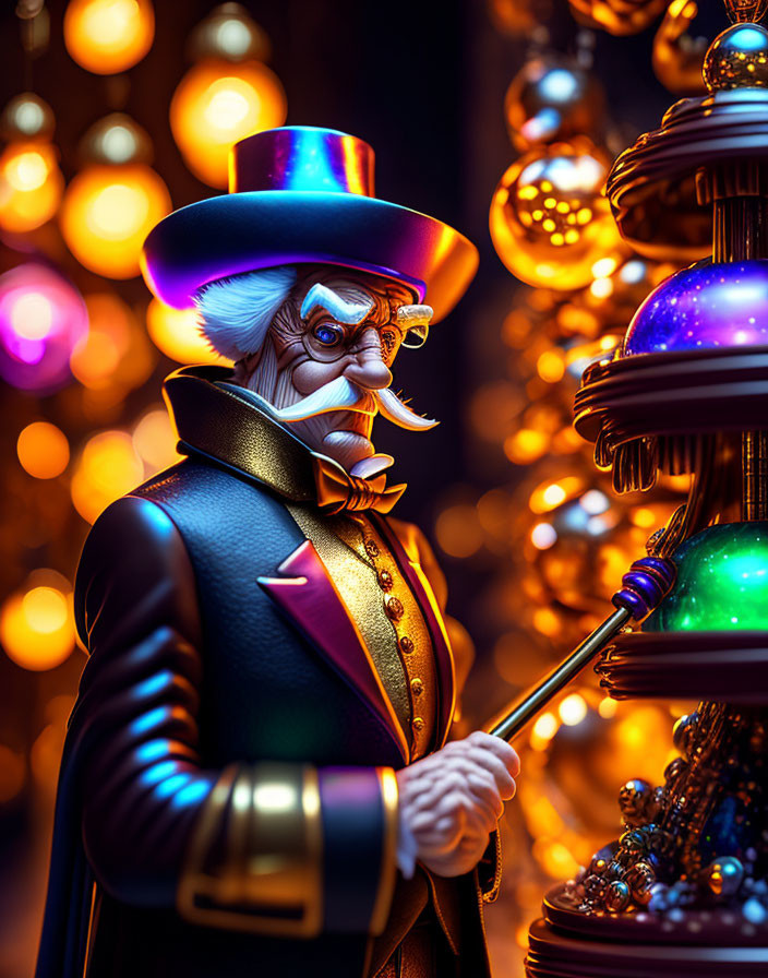 Colorful illustration of distinguished gentleman with top hat and monocle next to futuristic device with glowing orbs