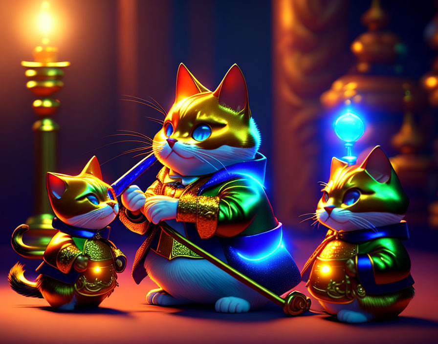 Anthropomorphic cats in Japanese attire with flute by candlelight
