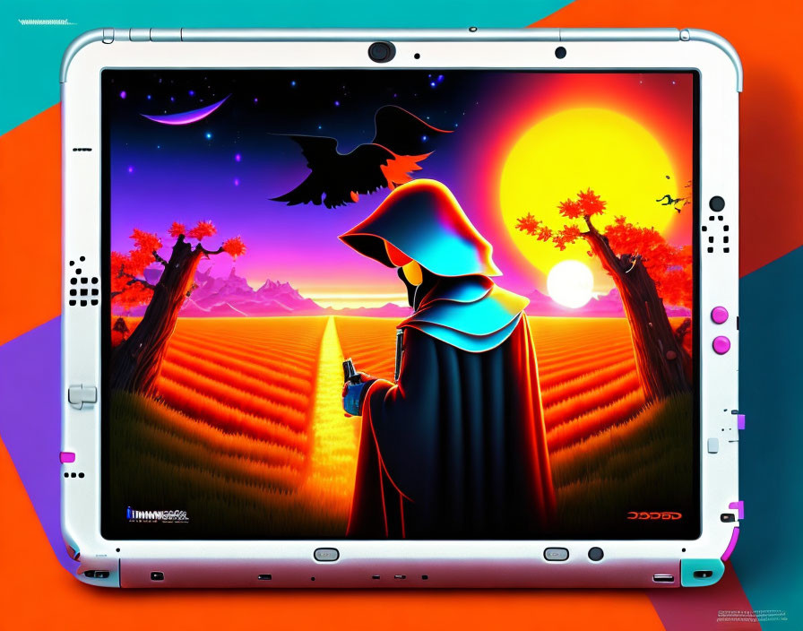 Digital Artwork: Robed Figure in Colorful Landscape with Sunset, Birds, and Mountains on Gaming