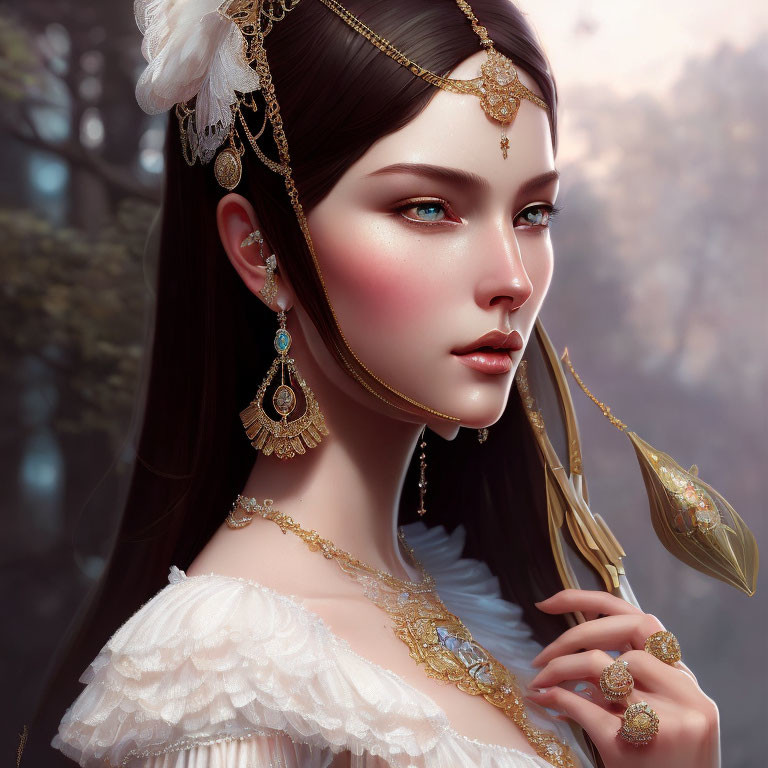 Elaborate gold jewelry on woman in digital portrait