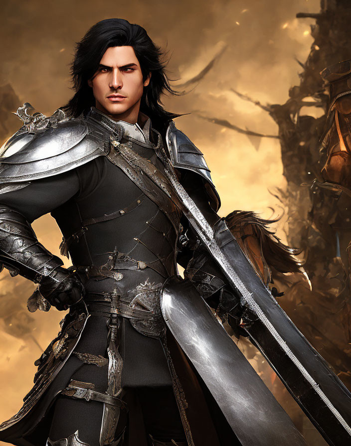 Warrior in black armor with long hair wields sword in fiery battle scene