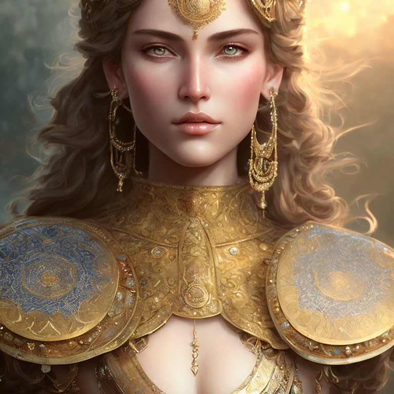 Elaborate gold jewelry and armor on woman in digital portrait