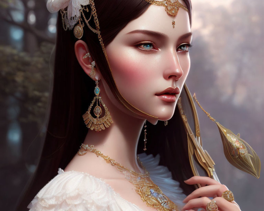 Elaborate gold jewelry on woman in digital portrait