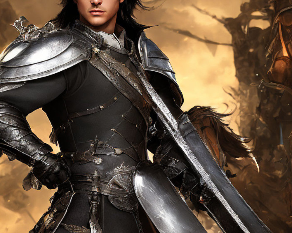 Warrior in black armor with long hair wields sword in fiery battle scene