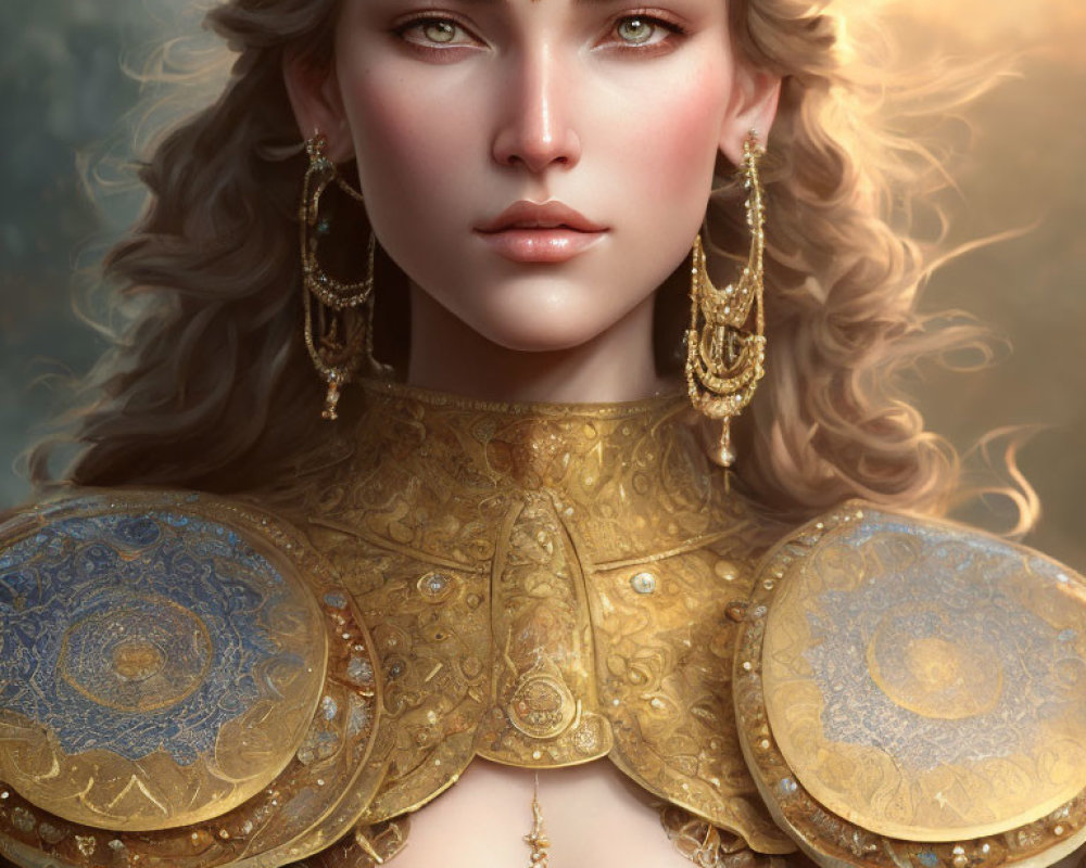 Elaborate gold jewelry and armor on woman in digital portrait