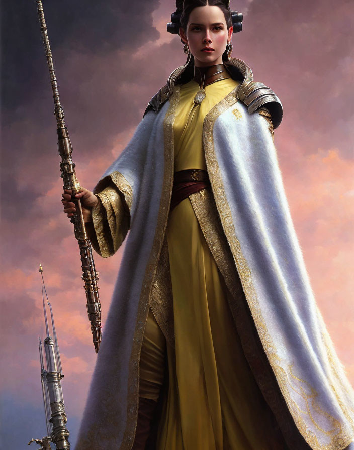 Regal woman in yellow gown with ornate staff against dramatic sky