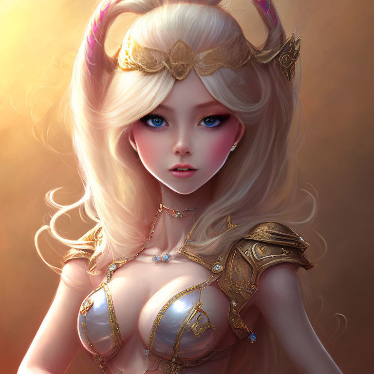 Fantasy illustration of woman with blue eyes, blonde hair, and gold armor