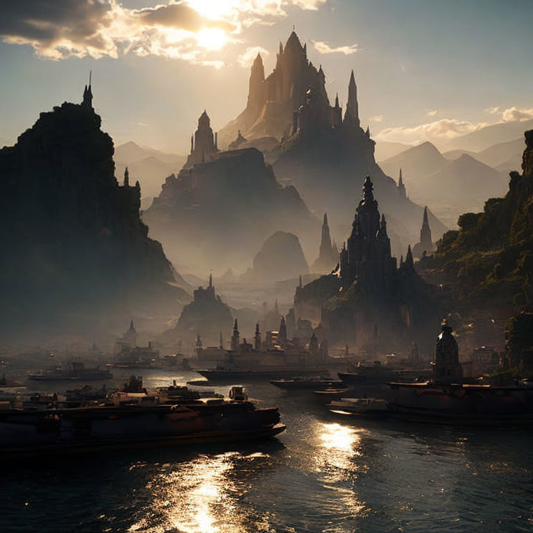 Fantasy cityscape with towering spires and sunlit harbor