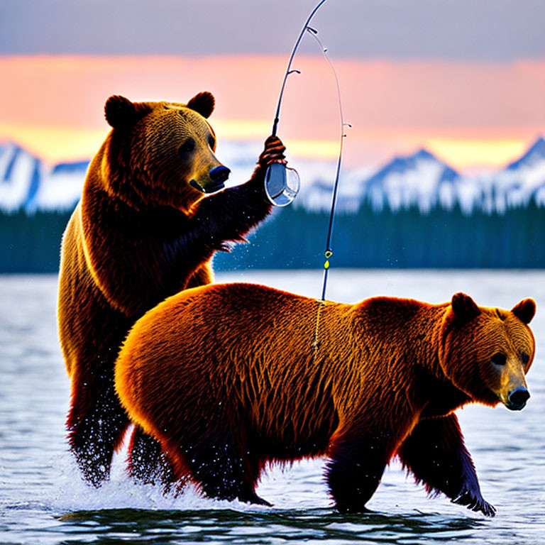 Bears fishing in lake at sunset with pine tree silhouettes