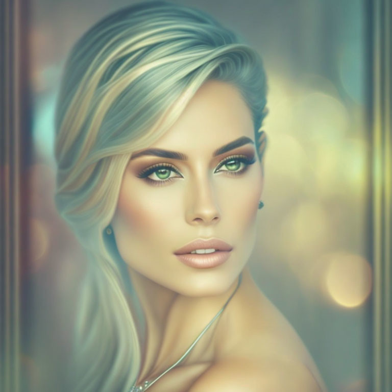 Blonde Woman Portrait with Green Eyes and Soft Background