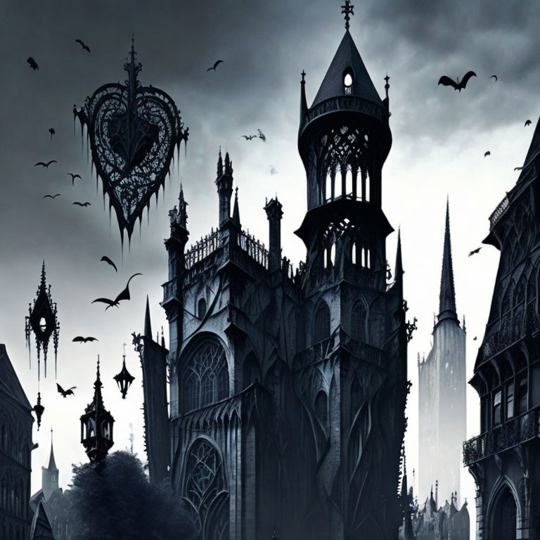 Gothic Castle with Spires and Bats Under Dusky Sky