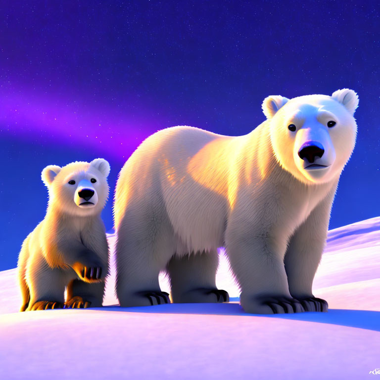 3D illustration of adult and cub polar bears in snowy landscape