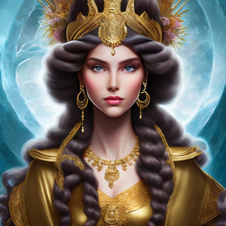 Regal Woman with Golden Headpiece and Blue Eyes on Swirling Background