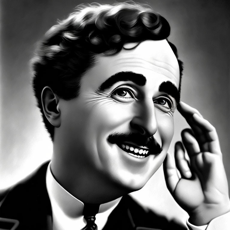 Monochrome illustration of a smiling man in suit with mustache