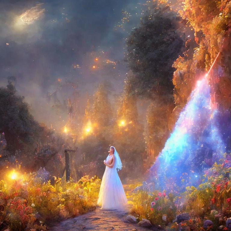 Bride in white dress on forest path under moonlit sky with waterfall