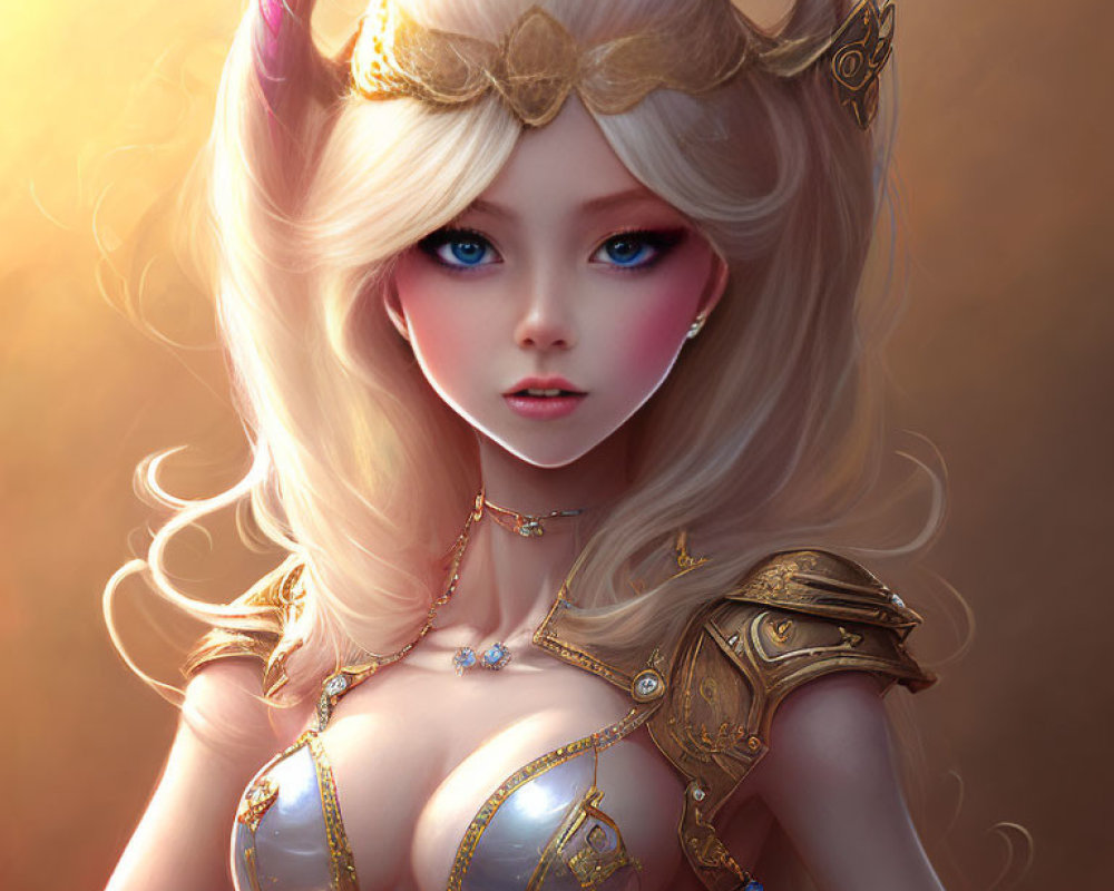 Fantasy illustration of woman with blue eyes, blonde hair, and gold armor