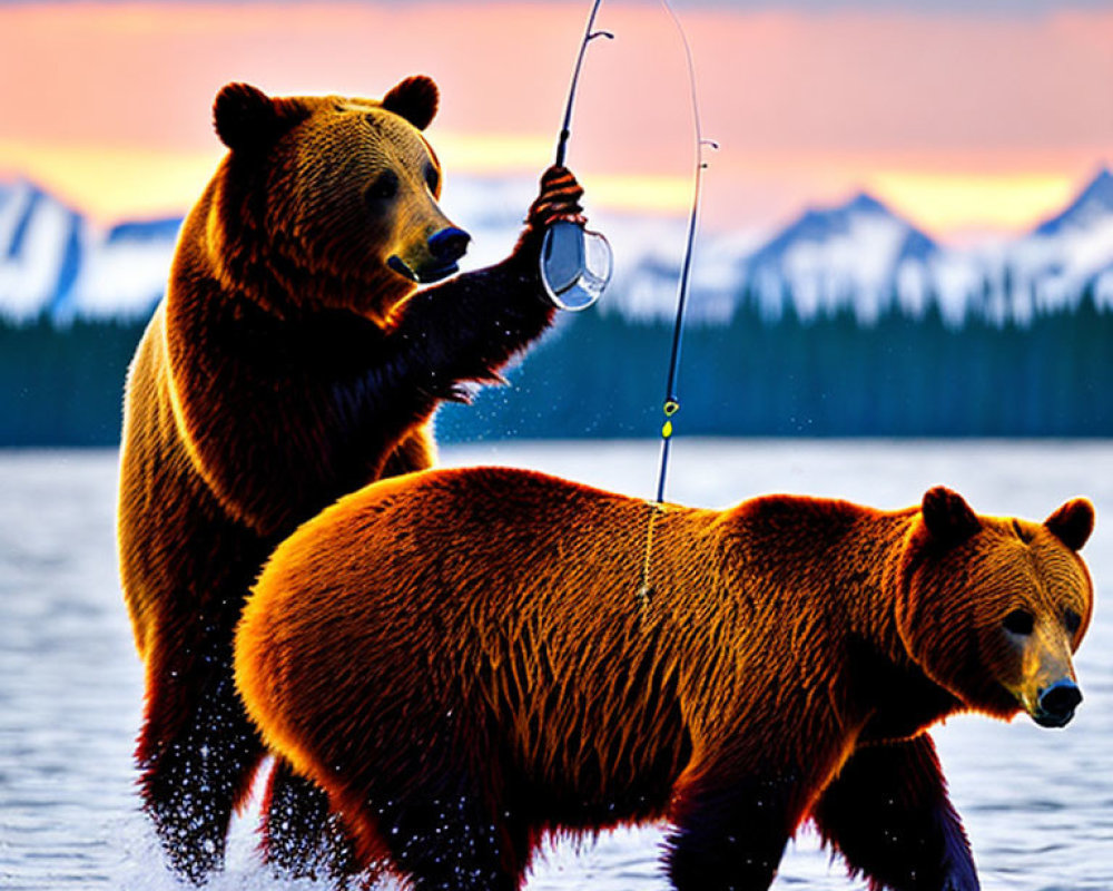 Bears fishing in lake at sunset with pine tree silhouettes