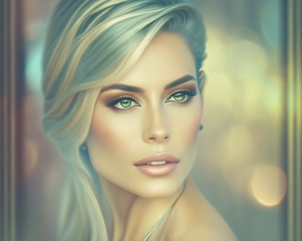 Blonde Woman Portrait with Green Eyes and Soft Background