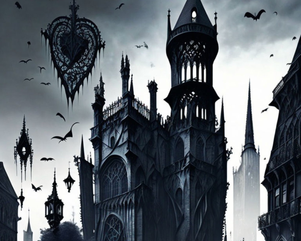 Gothic Castle with Spires and Bats Under Dusky Sky