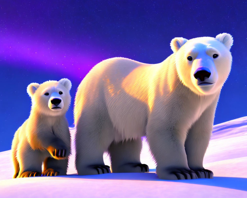 3D illustration of adult and cub polar bears in snowy landscape