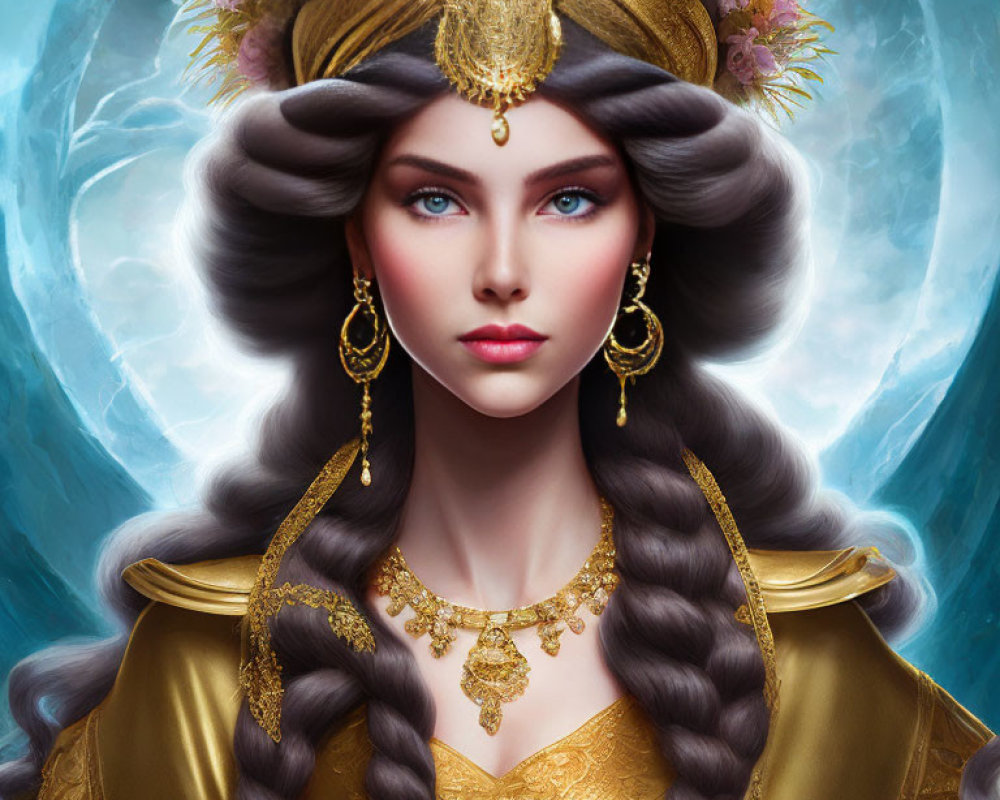 Regal Woman with Golden Headpiece and Blue Eyes on Swirling Background