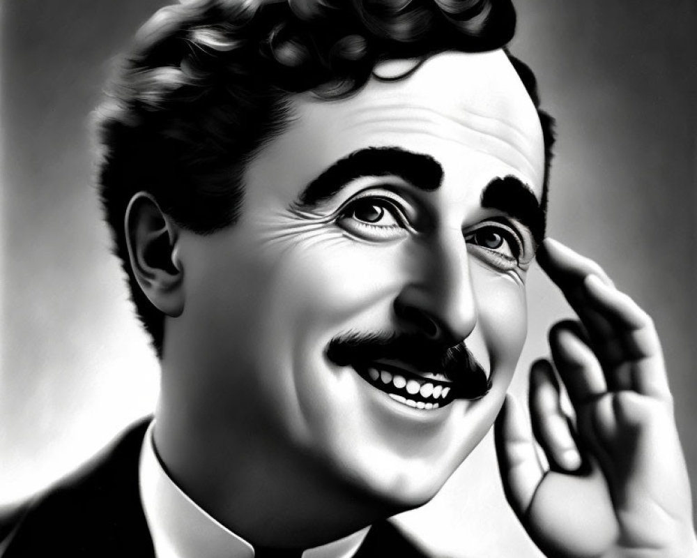 Monochrome illustration of a smiling man in suit with mustache