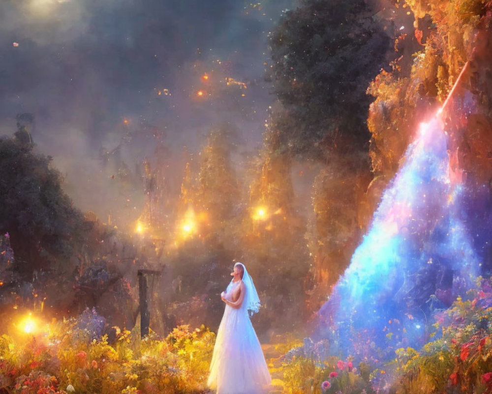 Bride in white dress on forest path under moonlit sky with waterfall