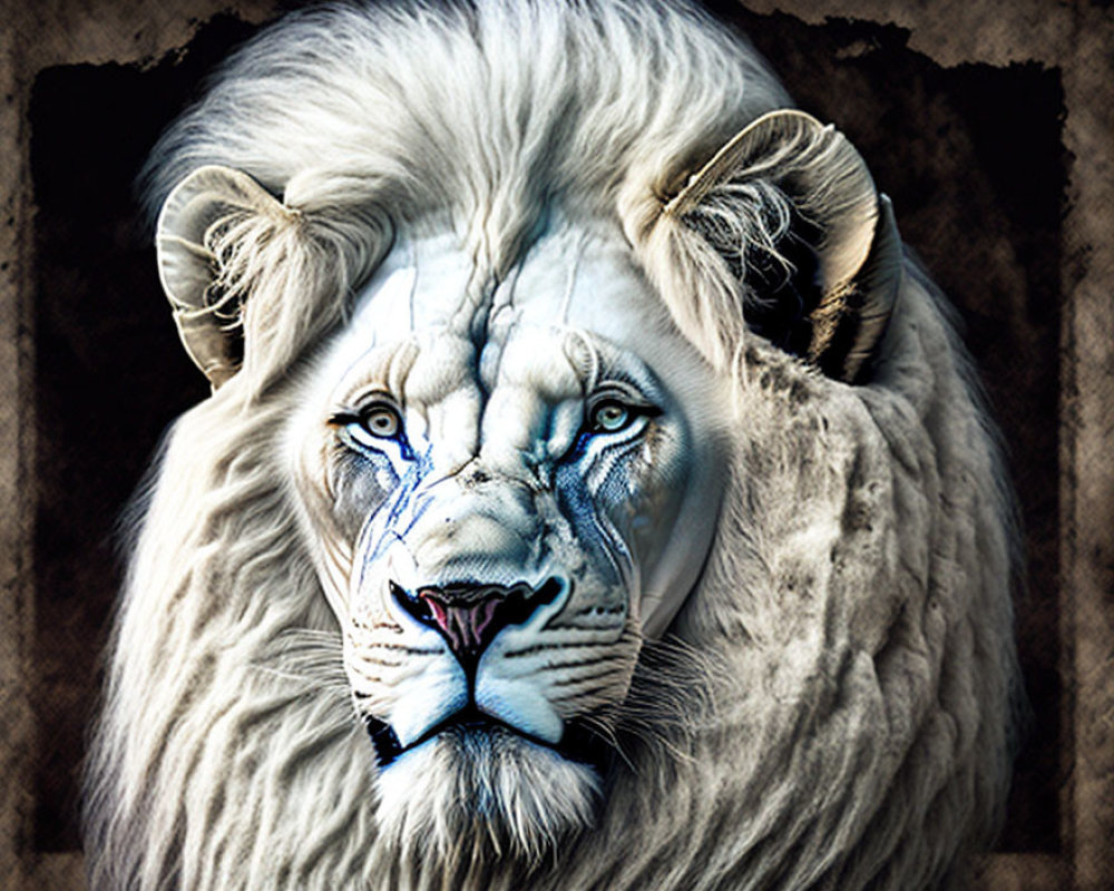 White Lion with Blue Eyes and Tribal Face Paint on Brown Background