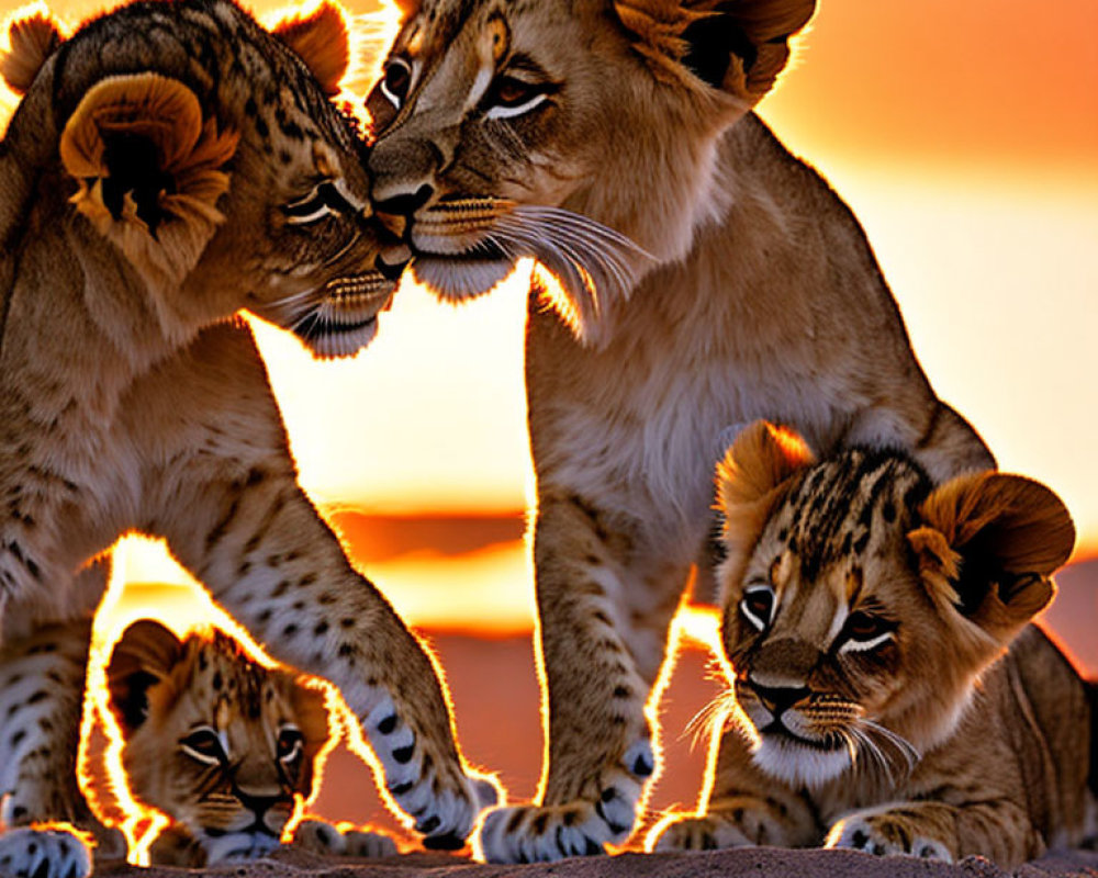 Three lion cubs playing at sunset with warm glowing backdrop