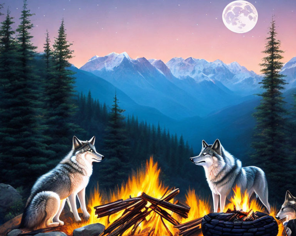 Wolves at campfire under starry night with mountains & full moon