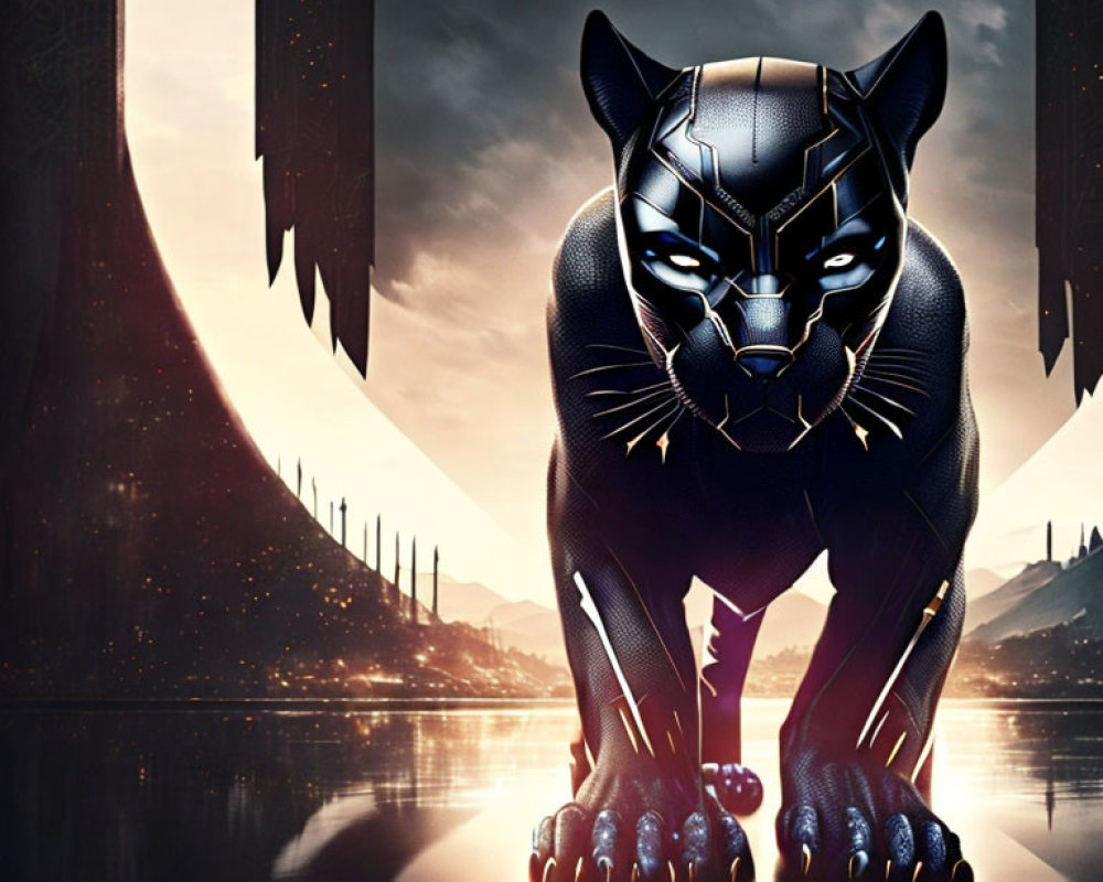 Black Panther Statue with Glowing Eyes Against Futuristic Architecture