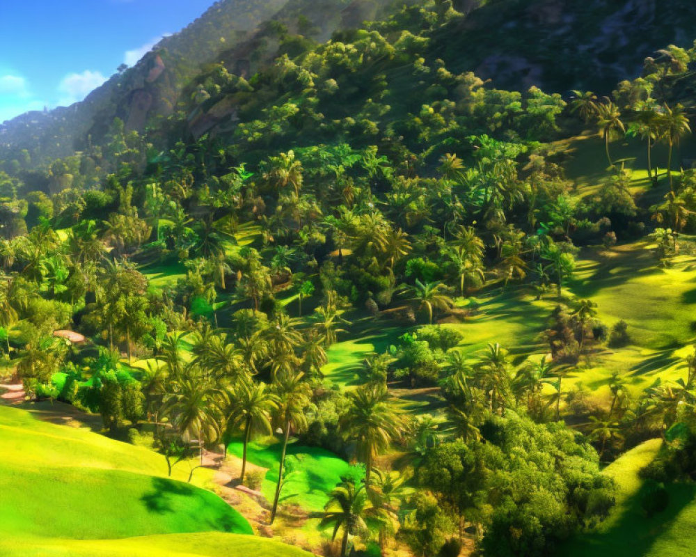 Diverse Vegetation in Lush Green Landscape under Clear Blue Sky