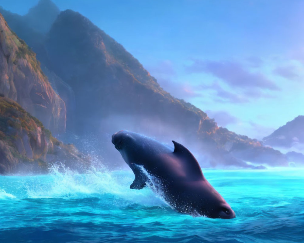 Graceful Dolphin Leaping Over Serene Ocean & Misty Mountains