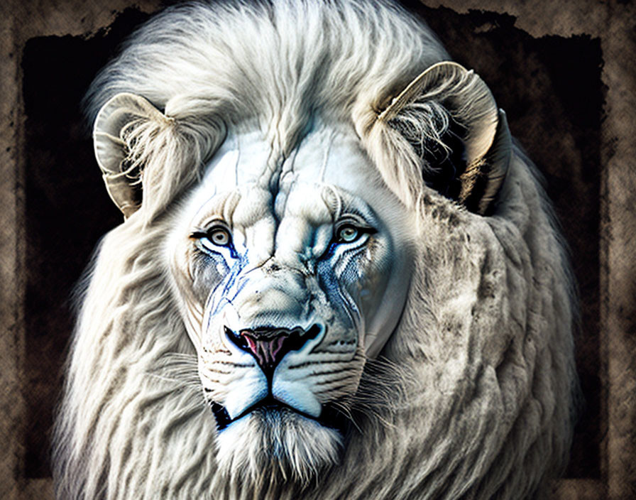 White Lion with Blue Eyes and Tribal Face Paint on Brown Background