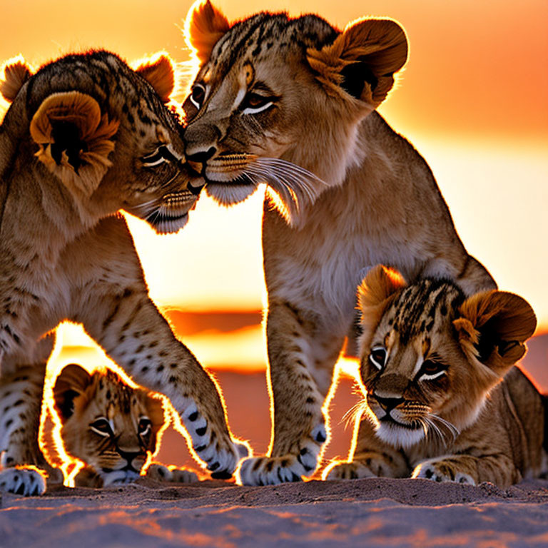 Three lion cubs playing at sunset with warm glowing backdrop