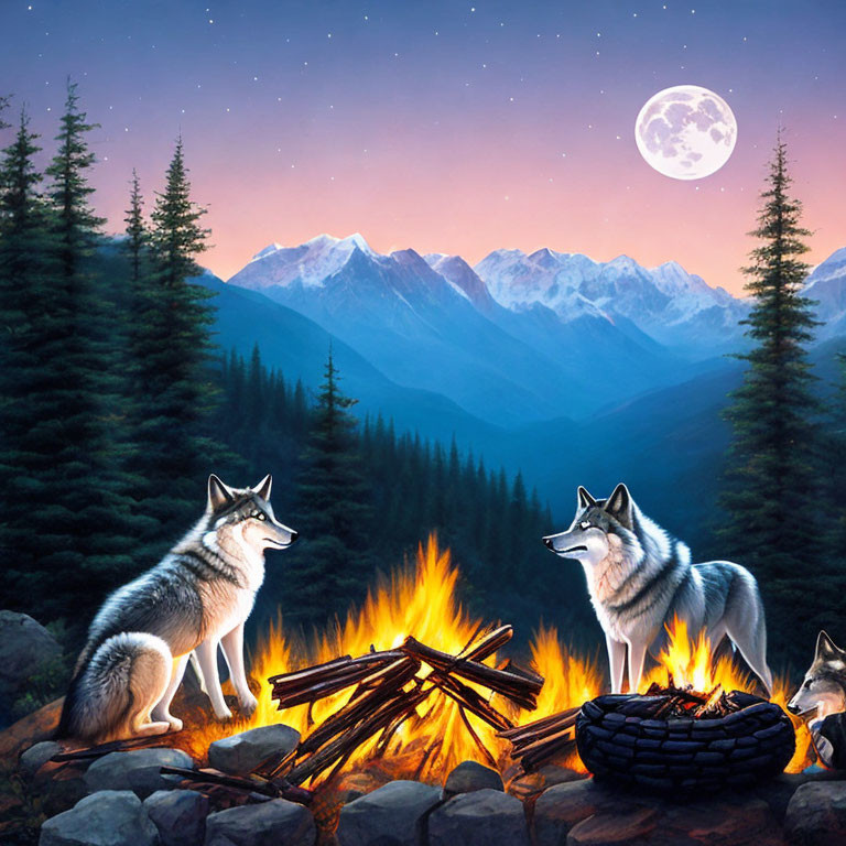 Wolves at campfire under starry night with mountains & full moon