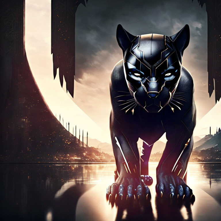 Black Panther Statue with Glowing Eyes Against Futuristic Architecture