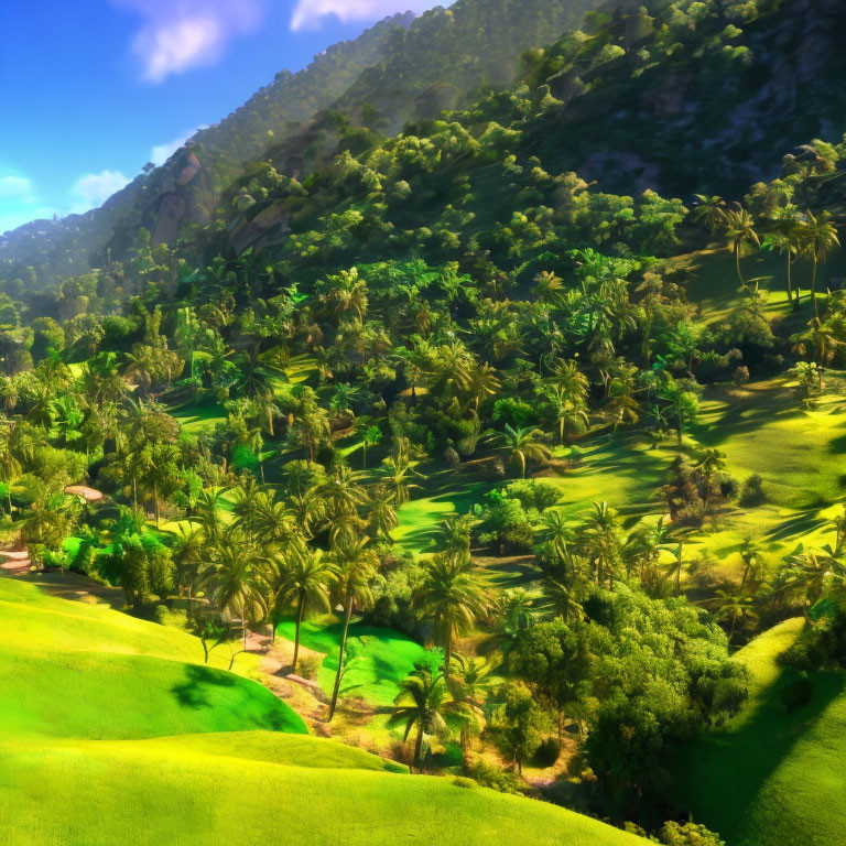 Diverse Vegetation in Lush Green Landscape under Clear Blue Sky