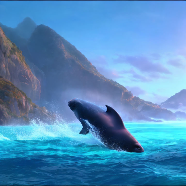 Graceful Dolphin Leaping Over Serene Ocean & Misty Mountains