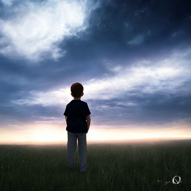 Young boy in grassy field at twilight gazing at starry sky