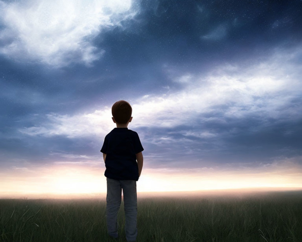 Young boy in grassy field at twilight gazing at starry sky