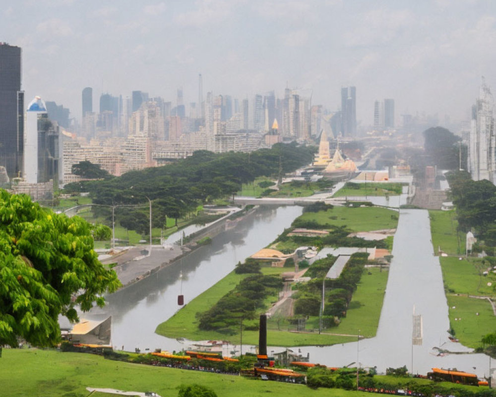 Urban skyline with river, parks, and skyscrapers under cloudy sky