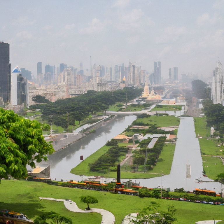 Urban skyline with river, parks, and skyscrapers under cloudy sky