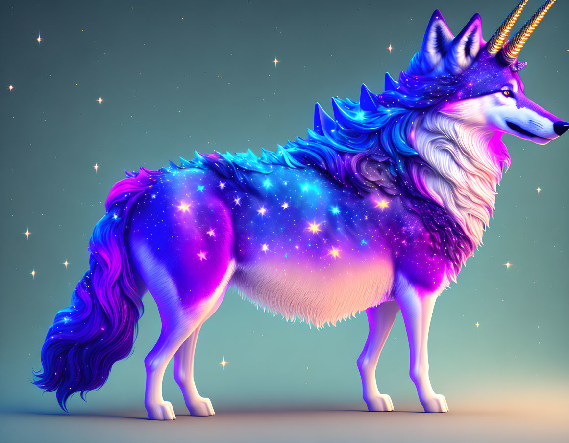 Colorful digital artwork: Wolf with galaxy fur and unicorn horn on starry background