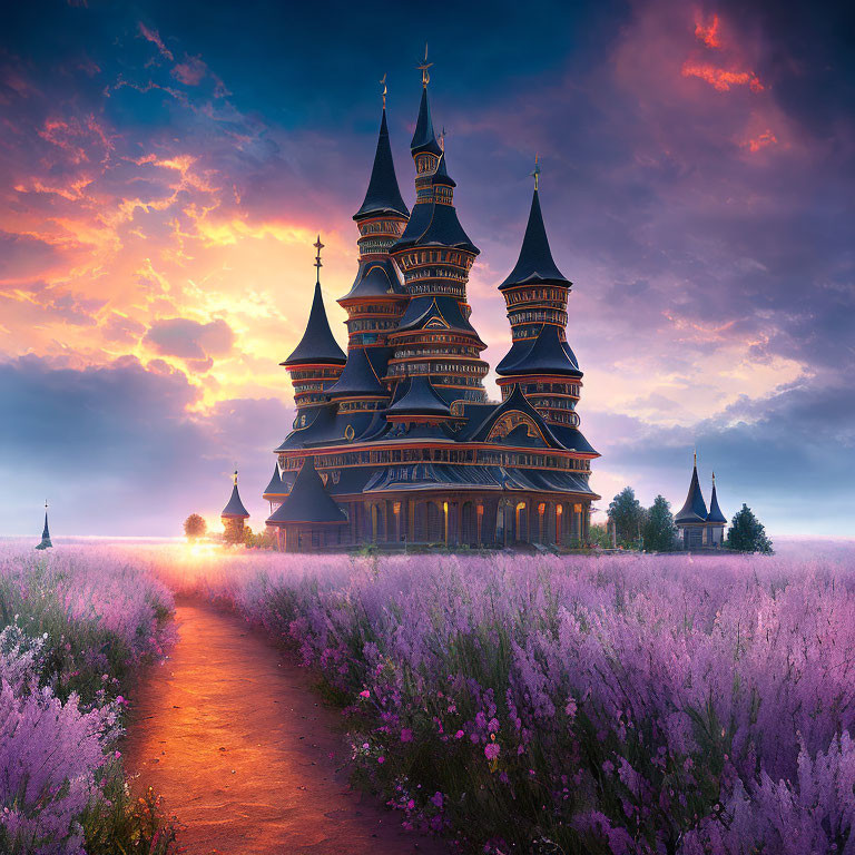 Ornate multi-tiered wooden structure at sunset with purple flowers