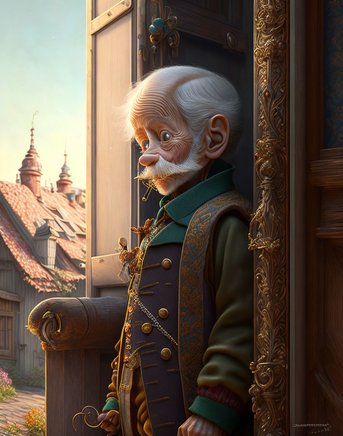 Elderly animated character with white hair in green attire holding door open